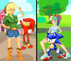 Size: 1024x884 | Tagged: safe, artist:urhangrzerg, derpibooru import, applejack, rainbow dash, anthro, hedgehog, human, g4, crossover, echidna, female, humanized, knuckles the echidna, male, multicolored hair, rainbow hair, sonic the hedgehog, sonic the hedgehog (series)