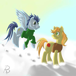 Size: 2000x2000 | Tagged: safe, artist:ruberphoenix, derpibooru import, braeburn, soarin', earth pony, pegasus, pony, clothes, duo, duo male, flying, hoofprints, male, snow, spread wings, stallion, sweater, wings