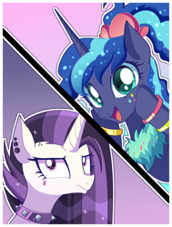 Size: 3100x4100 | Tagged: safe, artist:xinjinjumin800506872725, derpibooru import, princess celestia, princess luna, alicorn, pony, 80s princess luna, bust, collar, duo, duo female, ear piercing, earring, female, frown, goth, gradient background, jewelry, mare, open mouth, open smile, piercing, punklestia, royal sisters, siblings, sisters, smiling, spiked collar