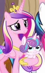 Size: 3000x4828 | Tagged: safe, derpibooru import, screencap, princess cadance, princess flurry heart, shining armor, alicorn, pony, unicorn, g4, once upon a zeppelin, season 7, baby, baby flurry heart, baby pony, carrying, concave belly, cropped, crown, family, female, foal, holding a pony, horn, jewelry, lidded eyes, male, mother and child, mother and daughter, multicolored hair, multicolored mane, parent and child, regalia, slender, smiling, thin, trio