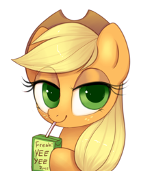 Size: 990x1117 | Tagged: safe, artist:confetticakez, derpibooru import, applejack, earth pony, pony, g4, applejack's hat, bedroom eyes, bust, clothes, cowboy hat, cute, drink, drinking, drinking straw, eye clipping through hair, female, freckles, hat, hoof hold, jackabetes, juice, juice box, lidded eyes, looking at you, mare, portrait, simple background, sipping, smiling, smiling at you, solo, straw, white background, yee yee