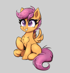 Size: 1913x2000 | Tagged: safe, artist:confetticakez, derpibooru import, scootaloo, pegasus, pony, g4, blank flank, chest fluff, cute, cutealoo, feathered wings, female, filly, foal, frog (hoof), gray background, happy, hoofbutt, simple background, sitting, smiling, solo, spread wings, sweet dreams fuel, tail, underhoof, wings