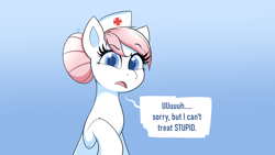 Size: 7680x4320 | Tagged: safe, artist:confetticakez, derpibooru import, nurse redheart, earth pony, pony, g4, absurd resolution, dialogue, eyebrows, eyebrows visible through hair, female, gradient background, looking at you, mare, nurse, open mouth, raised hoof, raised leg, sitting, solo, speech bubble, talking to viewer