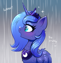 Size: 1952x2036 | Tagged: safe, artist:confetticakez, derpibooru import, princess luna, alicorn, pony, g4, balancing, blushing, crown, cute, dialogue, female, horn, jewelry, lunabetes, mare, open mouth, peytral, ponies balancing stuff on their nose, profile, rain, rain drops, regalia, s1 luna, solo, sparkly eyes, wet, wing fluff, wingding eyes