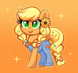 Size: 2164x2016 | Tagged: safe, artist:confetticakez, derpibooru import, applejack, earth pony, pony, g4, alternate hairstyle, bow, braid, braided tail, clothes, cute, female, flower, flower in hair, freckles, gradient background, hair bow, high res, jackabetes, mare, open mouth, open smile, overalls, smiling, solo, sparkles, sunflower, tail, tail bow