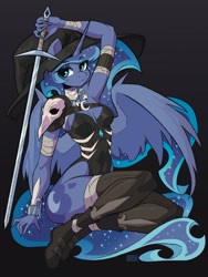 Size: 1538x2048 | Tagged: safe, artist:dodsie, derpibooru import, princess luna, alicorn, anthro, g4, arm wraps, bird skull, bodysuit, boots, bracelet, breasts, cleavage, clothes, cutie mark on anthro, ethereal mane, ethereal tail, female, hat, jewelry, neck wraps, necklace, shoes, solo, sword, tail, tooth, weapon, witch hat