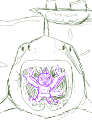 Size: 768x1024 | Tagged: safe, artist:lullabyjak, derpibooru import, oc, oc only, oc:gorge, anthro, dragon, shark, baby, baby dragon, cruise ship, imminent vore, pacifier, sharp teeth, sketch, solo, teeth, water, wip