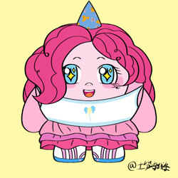 Size: 1080x1080 | Tagged: safe, artist:土笋冻线条, derpibooru import, pinkie pie, human, equestria girls, g4, eggy party, simple background, solo, yellow background