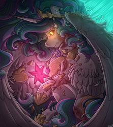 Size: 908x1024 | Tagged: safe, artist:binibean, derpibooru import, daybreaker, princess celestia, alicorn, pony, g4, blood, bruised, chest fluff, colored sclera, crown, crying, element of magic, eyebrows, eyebrows visible through hair, female, glowing, glowing eyes, golden eyes, hoof shoes, injured, jewelry, looking at something, mare, orange eyes, peytral, princess shoes, profile, regalia, slit eyes, smiling, solo, story included, tiara, transformation, wing fluff, wings