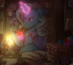 Size: 1416x1258 | Tagged: safe, artist:binibean, derpibooru import, trixie, twilight sparkle, twilight sparkle (alicorn), alicorn, pony, unicorn, g4, alicorn amulet, book, bust, candle, cape, clothes, colored eyebrows, colored pupils, dark, female, gem, glowing, glowing horn, hatless, horn, indoors, levitation, magic, mare, missing accessory, narrowed eyes, open book, paper, photo, purple pupils, solo, telekinesis, trixie's cape