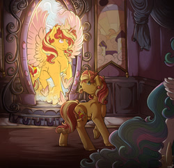 Size: 1100x1064 | Tagged: safe, artist:binibean, derpibooru import, idw, princess celestia, sunset shimmer, alicorn, pony, unicorn, g4, spoiler:comicannual2013, alicornified, comic interpretation, detailed background, duo, duo female, female, horn, looking at something, magic mirror, mare, offscreen character, race swap, reflection, scene interpretation, shimmercorn, speedpaint available, spread wings, wings