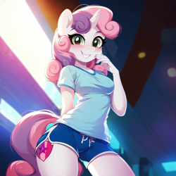 Size: 1536x1536 | Tagged: safe, ai content, derpibooru import, generator:pony diffusion v6 xl, generator:stable diffusion, machine learning generated, sweetie belle, anthro, unicorn, g4, adult sweetie belle, blushing, breasts, clothes, gym, horn, indoors, looking at you, older, older sweetie belle, prompter:funnyglow144, sexy, shirt, shorts, small breasts, smiling, smirk, solo, sports shorts, stupid sexy sweetie belle, t-shirt, tail