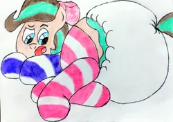 Size: 3254x2287 | Tagged: safe, artist:bitter sweetness, derpibooru import, edit, earth pony, horse, abdl, adult foal, blue eyes, bow, clothes, cocoa (wild manes), diaper, diaper butt, diaper edit, diaper fetish, female, fetish, hair bow, looking at you, non-baby in diaper, poofy diaper, simple background, socks, solo, striped socks, traditional art, wild manes