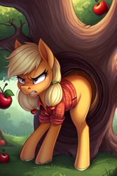 Size: 512x768 | Tagged: source needed, safe, ai content, derpibooru import, machine learning generated, applejack, earth pony, pony, g4, angry, apple, apple tree, clothes, food, prompter needed, shirt, solo, stuck, tree