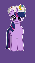 Size: 1080x1920 | Tagged: safe, artist:claynus, derpibooru import, twilight sparkle, unicorn twilight, pony, unicorn, g4, clothes, cosplay, costume, hat, horn, patchouli knowledge, purple background, purple eyes, simple background, solo, touhou