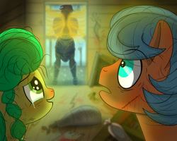 Size: 1000x800 | Tagged: safe, artist:undisputed, derpibooru import, oc, oc only, oc:crimson sky, human, pony, crying, dilated pupils, fanfic, fanfic art, female, gasp, male, mare, shop, smiling, stallion, unnamed oc, wings