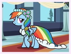 Size: 1673x1278 | Tagged: safe, artist:mariana10990, derpibooru import, rainbow dash, g4, alternate hairstyle, bridesmaid, bridesmaid dress, budge studios, clothes, dress, floral head wreath, flower, flower in hair, gown, my little pony color by magic, royal wedding, solo