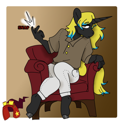 Size: 1200x1200 | Tagged: safe, artist:void-home, derpibooru import, oc, oc only, anthro, unguligrade anthro, unicorn, fall of equestria, armchair, black coat, black hooves, chair, clothes, colored eyebrows, colored hooves, commission, eyebrows, eyebrows visible through hair, finger snap, frown, golden eyes, gradient background, hooves, horn, ideal equestria verse, lidded eyes, long horn, long mane, long mane male, male, pants, red text, shiny hooves, shirt, sitting, snapping fingers, sofa, solo, stallion, tail, text, two toned mane, two toned tail, yellow mane, yellow tail