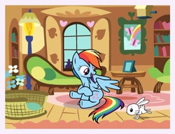 Size: 1776x1361 | Tagged: safe, artist:mariana10990, derpibooru import, rainbow dash, pegasus, pony, rabbit, g4, animal, budge studios, female, fluttershy's cottage (interior), mare, my little pony color by magic, solo, swapped cutie marks