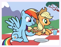 Size: 1830x1397 | Tagged: safe, artist:mariana10990, derpibooru import, applejack, rainbow dash, earth pony, pegasus, pony, g4, budge studios, duo, duo female, eating, female, food, mare, my little pony color by magic, picnic blanket, sandwich