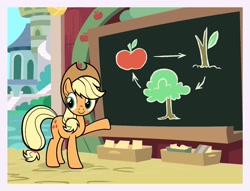 Size: 1783x1362 | Tagged: safe, artist:mariana10990, derpibooru import, applejack, earth pony, pony, g4, budge studios, chalkboard, female, mare, my little pony color by magic, school of friendship, solo