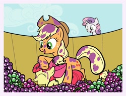 Size: 1782x1361 | Tagged: safe, artist:mariana10990, derpibooru import, apple bloom, applejack, sweetie belle, earth pony, pony, unicorn, g4, sisterhooves social, adorabloom, apple sisters, bow, budge studios, cute, eyes closed, female, filly, foal, food, freckles, grape juice, grape stomping, grapes, hair bow, horn, juice, mare, messy, my little pony color by magic, open mouth, raised hoof, raised leg, siblings, sisters, smiling, trio, trio female