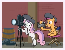 Size: 1777x1360 | Tagged: safe, artist:mariana10990, derpibooru import, scootaloo, sweetie belle, g4, barrel, bipedal, brick wall, budge studios, camera, chair, director's chair, duo, duo female, female, filly, foal, my little pony color by magic