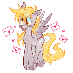 Size: 1088x1085 | Tagged: safe, artist:plushiecore, derpibooru import, derpy hooves, pegasus, pony, g4, :p, blonde, blonde mane, blonde tail, blush scribble, blushing, chest fluff, colored hooves, colored wings, cute, derp, derpabetes, eyelashes, female, flying, gray hooves, heart, hooves, letter, long legs, mare, shiny hooves, simple background, slender, smiling, solo, spread wings, tail, thin, tongue, tongue out, two toned ears, two toned wings, unshorn fetlocks, wavy mouth, white background, wings, yellow mane, yellow tail