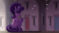 Size: 2500x1406 | Tagged: safe, artist:maren, derpibooru import, starlight glimmer, pony, unicorn, g4, bags under eyes, colored hooves, detailed background, eye clipping through hair, eyebrows, eyebrows visible through hair, eyelashes, frown, hoof hold, hooves, horn, lidded eyes, looking at something, our town, purple hooves, sitting, smiling, solo, unshorn fetlocks