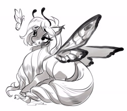 Size: 3743x3268 | Tagged: safe, artist:opalacorn, derpibooru import, oc, oc only, butterfly, hybrid, pony, antennae, butt, butterfly pony, colored ear tufts, colored eartips, colored pinnae, ear tufts, eye clipping through hair, eyebrows, eyebrows visible through hair, eyelashes, eyeshadow, facial markings, female, grayscale, lidded eyes, long mane, long tail, looking at something, makeup, mare, monochrome, plot, ringlets, signature, simple background, smiling, solo, tail, white background