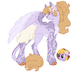 Size: 1000x1000 | Tagged: safe, artist:kazmuun, derpibooru import, drizzle, pegasus, pony, g4, alternate design, blaze (coat marking), blonde, blonde mane, blonde tail, blush lines, blushing, chest fluff, clothes, cloven hooves, coat markings, colored chest fluff, colored eyelashes, colored hooves, colored pinnae, colored wings, colored wingtips, concave belly, ear fluff, ears, eyebrows, eyebrows visible through hair, facial markings, female, flower, flower in hair, freckles, hock fluff, hooves, leg fluff, leg markings, leonine tail, long legs, long mane, long tail, magenta eyelashes, mare, multicolored wings, orange hooves, partially open wings, pink eyelashes, pink eyes, ponytail, profile, purple coat, purple wingtips, redesign, reference used, shoulder fluff, simple background, skirt, smiling, solo, spots, standing, tail, three toned wings, tied mane, transparent background, wall of tags, wing fluff, wings