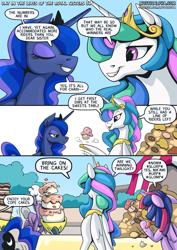 Size: 2171x3070 | Tagged: safe, artist:mysticalpha, derpibooru import, princess celestia, princess luna, twilight sparkle, twilight sparkle (alicorn), alicorn, pony, comic:day in the lives of the royal sisters, g4, alicorn metabolism, cake, cakelestia, comic, concave belly, cupcake, dessert, digestion without weight gain, eating, female, folded wings, food, pastries, slender, stuffing, thin, trio, trio female, wheelbarrow, wings