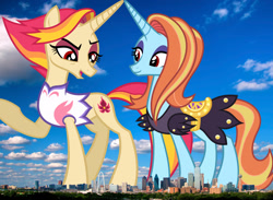 Size: 2048x1499 | Tagged: safe, artist:starryshineviolet, derpibooru import, edit, editor:jaredking779, fire flare, sassy saddles, pony, unicorn, g4, alternate eye color, attack on pony, clothes, concave belly, dallas, dress, duo, duo female, eyeshadow, female, giant pony, giantess, highrise ponies, horn, irl, leotard, lidded eyes, macro, makeup, mare, open mouth, open smile, photo, ponies in real life, raised hoof, raised leg, red eyes, saddle, smiling, standing, story included, tack, tall, texas, vulgar description, wrong eye color