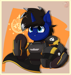 Size: 2733x2897 | Tagged: safe, artist:joaothejohn, derpibooru import, oc, oc only, oc:night reader, bat pony, pegasus, pony, semi-anthro, armor, bat pony oc, cape, clothes, commission, ear fluff, ears, earth, fanart, fangs, flag, game, helldivers 2, helmet, horn, looking up, male, multicolored hair, passepartout, pegasus oc, propaganda, salute, science fiction, skull, smiling, solo, ych example, your character here