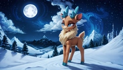 Size: 2560x1456 | Tagged: safe, ai content, derpibooru import, machine learning generated, velvet reindeer, deer, them's fightin' herds, g1, bright night(weather), castle, cloud, community related, doe, female, full moon, moon, moonlight, mountain, night, night sky, outdoors, prompter needed, road, sky, snow, snowfield, solo, spruce tree, stars, tree, winter