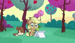 Size: 1920x1088 | Tagged: safe, derpibooru import, screencap, applejack, winona, dog, earth pony, pony, g4, g4.5, my little pony: pony life, terrorarium, apple, apple tree, bush, cute, hawthorne the third, sitting, tablet, tree, winonabetes