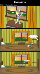 Size: 1920x3516 | Tagged: safe, artist:platinumdrop, derpibooru import, derpy hooves, comic:dusty acres, series:technoverse, g4, 3 panel comic, comic, commission, female, filly, foal, offscreen character, speech bubble, sunrise, younger