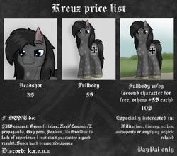 Size: 2560x2250 | Tagged: safe, artist:kreuz, derpibooru import, oc, oc:manfred, earth pony, pony, advertisement, chest fluff, commission open, earth pony oc, gothic, iron cross, male, price list, price sheet, price tag, prices, smiling, stallion, standing