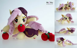 Size: 2600x1642 | Tagged: safe, artist:meplushyou, derpibooru import, fluttershy, bat pony, pony, apple, bat ponified, flutterbat, food, irl, photo, plushie, race swap, solo