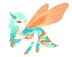 Size: 4300x3400 | Tagged: safe, artist:gigason, derpibooru import, oc, oc only, oc:honey daze, changepony, hybrid, blue mane, carapace, cloven hooves, coat markings, colored belly, colored eyebrows, colored hooves, colored horn, colored pinnae, colored wings, commission, curved horn, dragonfly wings, ear fluff, ears, eye markings, fangs, gold hooves, gradient mane, high res, hooves, horn, insect wings, interspecies offspring, lidded eyes, long eyelashes, long mane, long mane male, long tail, looking back, male, multicolored tail, offspring, orange wings, parent:oc:karner, parent:princess celestia, parents:canon x oc, profile, raised hooves, raised leg, rearing, shiny hooves, simple background, socks (coat marking), solo, sparkly mane, spread wings, stinger, striped horn, tail, thin legs, transparent background, transparent wings, two toned ears, watermark, white body, wings