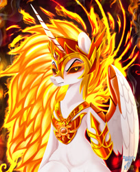 Size: 1595x1955 | Tagged: safe, artist:darksly, derpibooru import, daybreaker, alicorn, pony, g4, antagonist, armor, belly, belly fluff, bust, chest fluff, colored pupils, commission, crown, digital art, ethereal mane, eyelashes, eyeshadow, fangs, feather, female, flowing mane, gem, golden eyes, helmet, hoof shoes, horn, humanoid torso, jewelry, logo, long horn, looking at you, makeup, mane of fire, mare, night, peytral, portrait, princess shoes, raised hoof, raised leg, regalia, signature, solo, spread wings, stars, teeth, villainess, wide hips, wing armor, wings