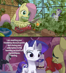 Size: 2670x2952 | Tagged: safe, artist:ciborgen, derpibooru import, fluttershy, rarity, beaver, capybara, pegasus, pony, unicorn, g4, 2 panel comic, carousel boutique, carrot, clothes, comic, crocs, crying, dialogue, duo, duo female, female, food, high res, horn, knife, lightning mcqueen, mare, shoes, wing hands, wing hold, wings