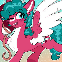 Size: 2000x2000 | Tagged: safe, artist:pink-pone, derpibooru import, oc, oc only, oc:saving shores, pegasus, pony, artfight, blaze (coat marking), blue eyes, blush scribble, blushing, buoy, chest fluff, coat markings, colored chest fluff, colored eartips, colored hooves, colored pinnae, colored wings, colored wingtips, curly hair, curly mane, curly tail, ear fluff, ear markings, ears, eye clipping through hair, eyebrows, eyebrows visible through hair, eyelashes, facial markings, female, gift art, hoof hold, hooves, life preserver, looking back, mare, mare oc, one eye closed, open mouth, open smile, pegasus oc, ponytail, raised hoof, raised leg, red coat, red hooves, rope, smiling, solo, spread wings, tail, teal mane, teal tail, teeth, tied mane, two toned mane, two toned tail, two toned wings, watermark, white wingtips, wing fluff, wings, wink