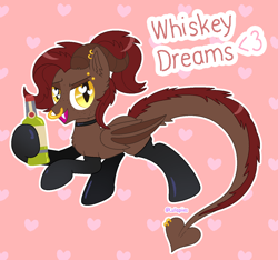 Size: 1432x1341 | Tagged: safe, artist:lullapiies, derpibooru import, oc, oc only, oc:whiskey dreams, dracony, dragon, hybrid, pony, alcohol, bipedal, bottle, brown coat, cheek fluff, chest fluff, choker, clothes, colored horns, colored wings, drink, ear fluff, ear piercing, earring, ears, eyebrow piercing, fangs, folded wings, freckles, golden eyes, head fluff, heart, heart background, heart eyes, hoof hold, horns, jewelry, latex, latex socks, long tail, looking at you, narrowed eyes, nose piercing, nose ring, open mouth, open smile, outline, piercing, ponytail, raised hoof, raised hooves, raised leg, red mane, red tail, septum piercing, shiny mane, signature, slit eyes, smiling, smiling at you, socks, solo, tail, tail fluff, tail piercing, tied mane, two toned background, two toned tail, two toned wings, wingding eyes, wings