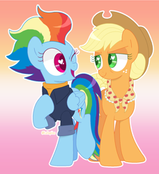 Size: 1356x1484 | Tagged: safe, artist:lullapiies, derpibooru import, applejack, rainbow dash, earth pony, pegasus, pony, g4, the last problem, appledash, applejack's hat, bipedal, clothes, collared shirt, colored eyelashes, colored pupils, cowboy hat, duo, duo female, female, flag background, gradient background, granny smith's shawl, green eyelashes, green pupils, hat, heart, heart eyes, lesbian, lesbian pride flag, looking at each other, looking at someone, magenta eyelashes, magenta pupils, mare, narrowed eyes, older, older appledash, older applejack, older rainbow dash, one eye closed, outline, pride, pride flag, raised hoof, raised leg, rolled up sleeves, scarf, shiny mane, shiny tail, shipping, shirt, signature, smiling, smiling at each other, sweater, turtleneck, wingding eyes, wink