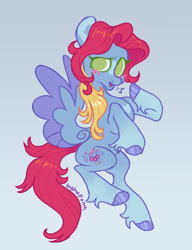 Size: 2000x2600 | Tagged: safe, artist:bishopony, derpibooru import, thistle whistle, pegasus, pony, g3, alternate design, blue background, blue hooves, blue wingtips, blush scribble, blushing, coat markings, colored eyelashes, colored hooves, colored wings, colored wingtips, facial markings, female, fetlock tuft, flying, gradient background, gradient legs, green eyelashes, green eyes, heart, heart mark, high res, hooves, looking back, mare, music notes, no pupils, open mouth, purple text, raised hoof, raised leg, requested art, shiny hooves, shiny mane, shiny tail, signature, simple background, slender, snip (coat marking), solo, spread wings, text, thin, thin legs, two toned mane, two toned wings, whistling, wings