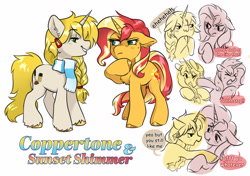 Size: 3300x2323 | Tagged: safe, artist:opalacorn, derpibooru import, sunset shimmer, oc, oc:coppertone, pony, unicorn, g4, :3, blonde, blonde mane, blonde tail, blush lines, blushing, braid, braided ponytail, canon x oc, chest fluff, clothes, colored hooves, commission, cream coat, dialogue, duo, duo female, ear fluff, ear piercing, ears, eyebrows, eyebrows visible through hair, female, floppy ears, green eyes, hoof on chin, hooves, horn, lesbian, lidded eyes, long mane, long tail, looking at each other, looking at someone, mare, orange hooves, piercing, ponytail, raised hoof, raised leg, scarf, shiny hooves, shiny mane, shiny tail, simple background, smiling, smiling at each other, speech bubble, standing, striped scarf, tail, text, tied mane, unshorn fetlocks, white background, yellow hooves