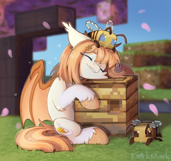 Size: 2142x2015 | Tagged: safe, artist:dorkmark, derpibooru import, oc, oc only, oc:honey milk, bat pony, bee, pony, bat pony oc, bat wings, beehive, cheek fluff, cherry blossoms, coat markings, colored eyebrows, colored hooves, colored wings, cream coat, crossover, cuddling, cute, detailed background, ear fluff, ear tufts, ears, eyes closed, fangs, female, floating heart, flower, flower blossom, freckles, grass, hair accessory, hairclip, heart, hock fluff, hooves, mane accessory, mane clip, mare, minecraft, minecraft bee, ocbetes, orange hooves, orange mane, orange tail, outdoors, partially open wings, socks (coat marking), solo, tail, tree, two toned wings, unshorn fetlocks, wings