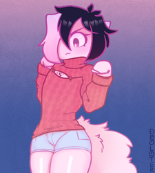 Size: 1980x2200 | Tagged: safe, artist:deoloter, derpibooru import, oc, oc only, oc:tao, earth pony, pony, semi-anthro, abstract background, chest fluff, femboy, fluffy tail, gradient background, male, solo, tail