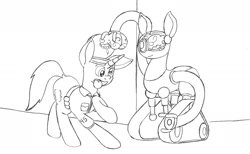 Size: 2402x1477 | Tagged: safe, artist:airship-king, derpibooru import, oc, oc only, oc:bit shift, pony, robot, robot pony, unicorn, fallout equestria, brain, brainless, clothes, derp, horn, jumpsuit, male, monochrome, open mouth, organs, pencil drawing, pipbuck, robobrain, simple background, solo, stumbling, tongue, tongue out, traditional art, vault suit, white background